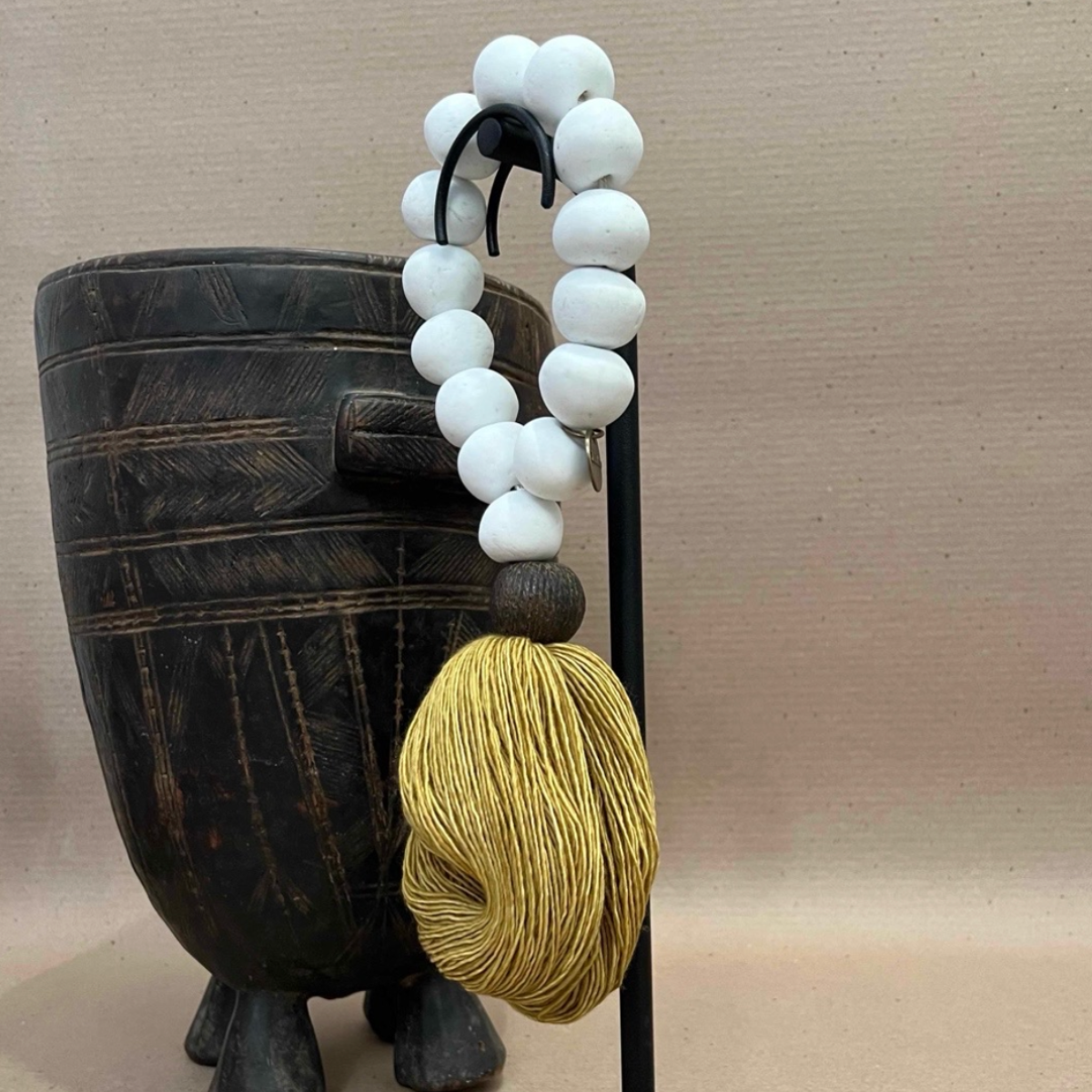 Studio Julia Atlas - Rare white glass Ghana, bronze, merino wool tassel