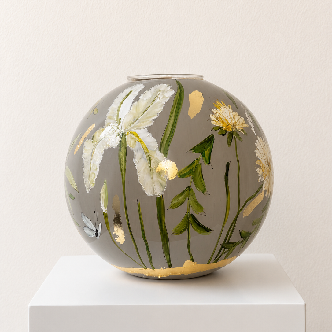 Doortje IJpelaar handgeschilderde glazen vaas LIMITED EDITION "Beige Blossom" DE BORGHT EXCLUSIVE