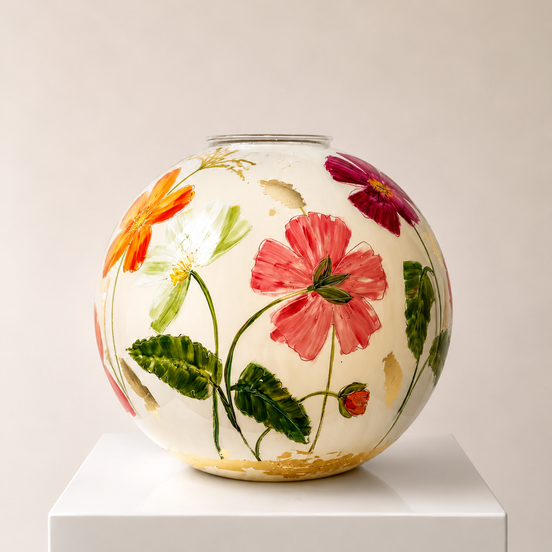 Doortje IJpelaar handgeschilderde glazen vaas LIMITED EDITION "Crème Fleur" DE BORGHT EXCLUSIVE