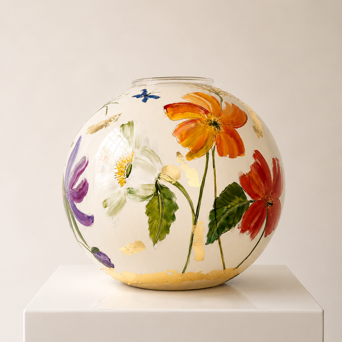 Doortje IJpelaar handgeschilderde glazen vaas LIMITED EDITION "Crème Fleur" DE BORGHT EXCLUSIVE