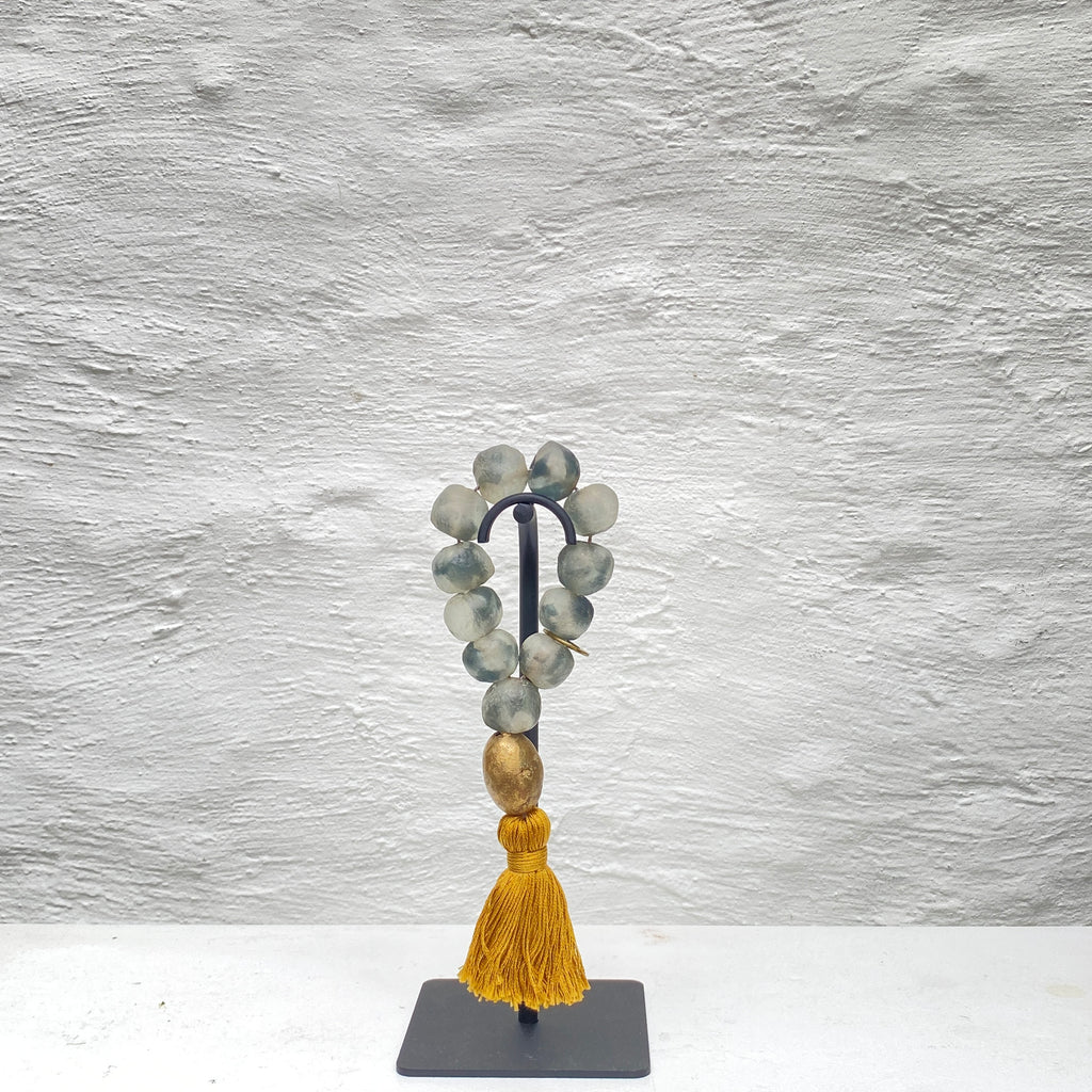 Studio Julia Atlas - Ice grey recycled glass Ghana, bronze, cotton tassel - mini