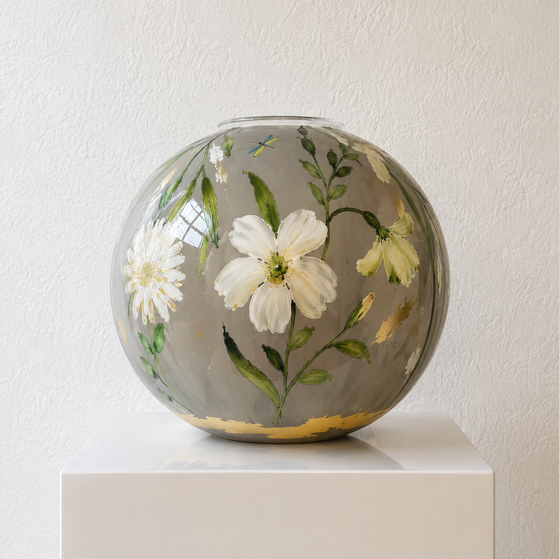 Doortje IJpelaar handgeschilderde glazen vaas LIMITED EDITION "Beige Blossom" DE BORGHT EXCLUSIVE