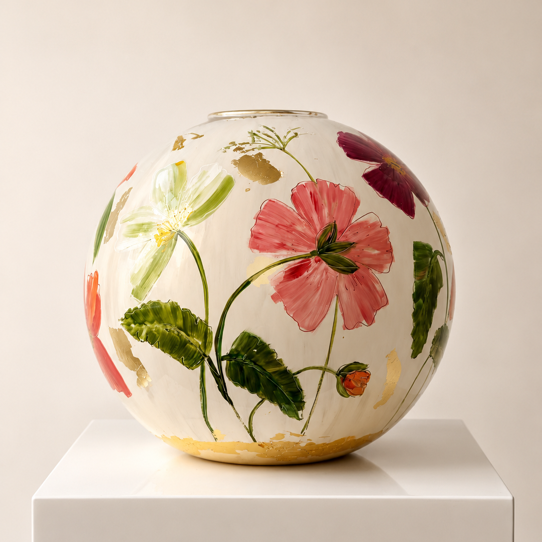 Doortje IJpelaar handgeschilderde glazen vaas LIMITED EDITION "Crème Bouquet" DE BORGHT EXCLUSIVE