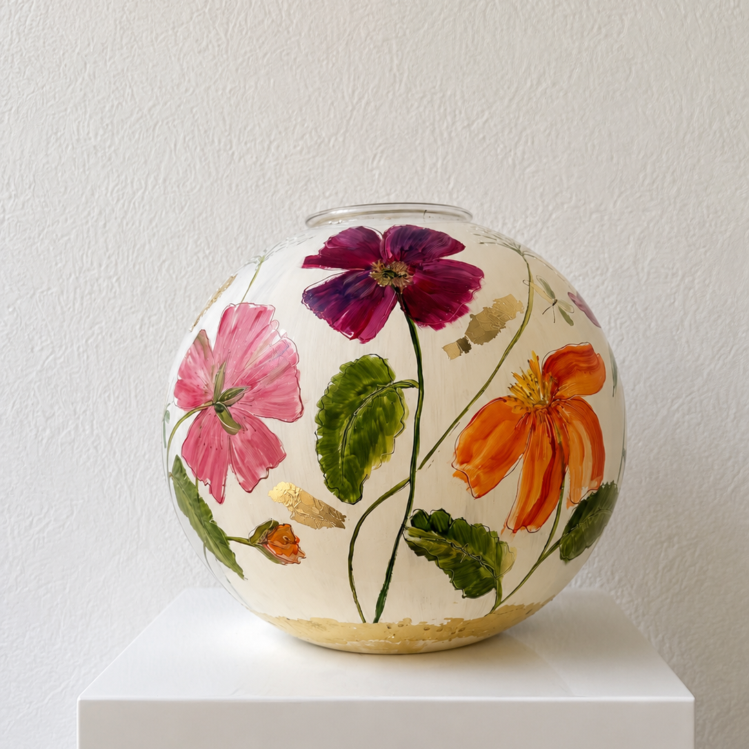 Doortje IJpelaar handgeschilderde glazen vaas LIMITED EDITION "Crème Blossom" DE BORGHT EXCLUSIVE