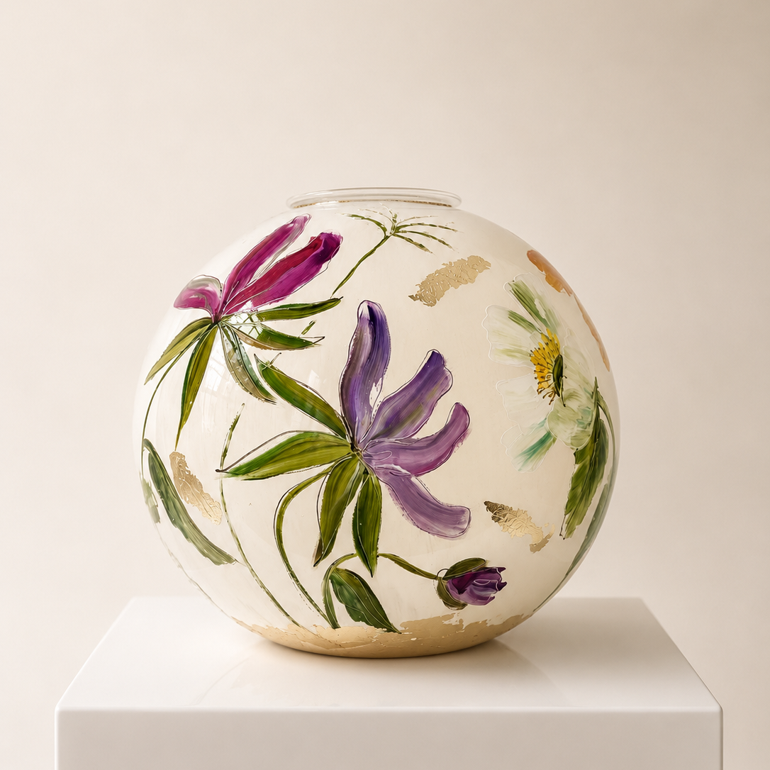 Doortje IJpelaar handgeschilderde glazen vaas LIMITED EDITION "Crème Bouquet" DE BORGHT EXCLUSIVE